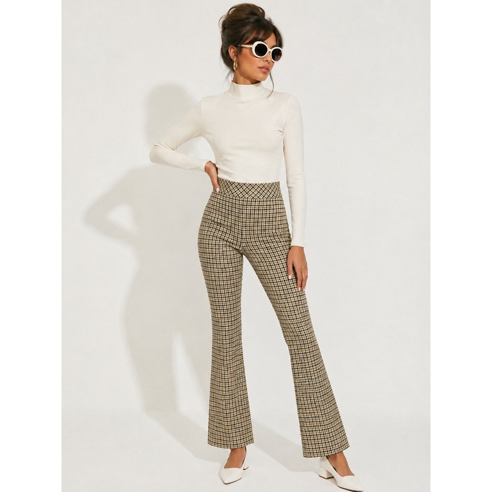 SPANX Perfect Kick Flare Pants S Dijon Jacquard Brown Plaid Ponte Retro Mod Prep